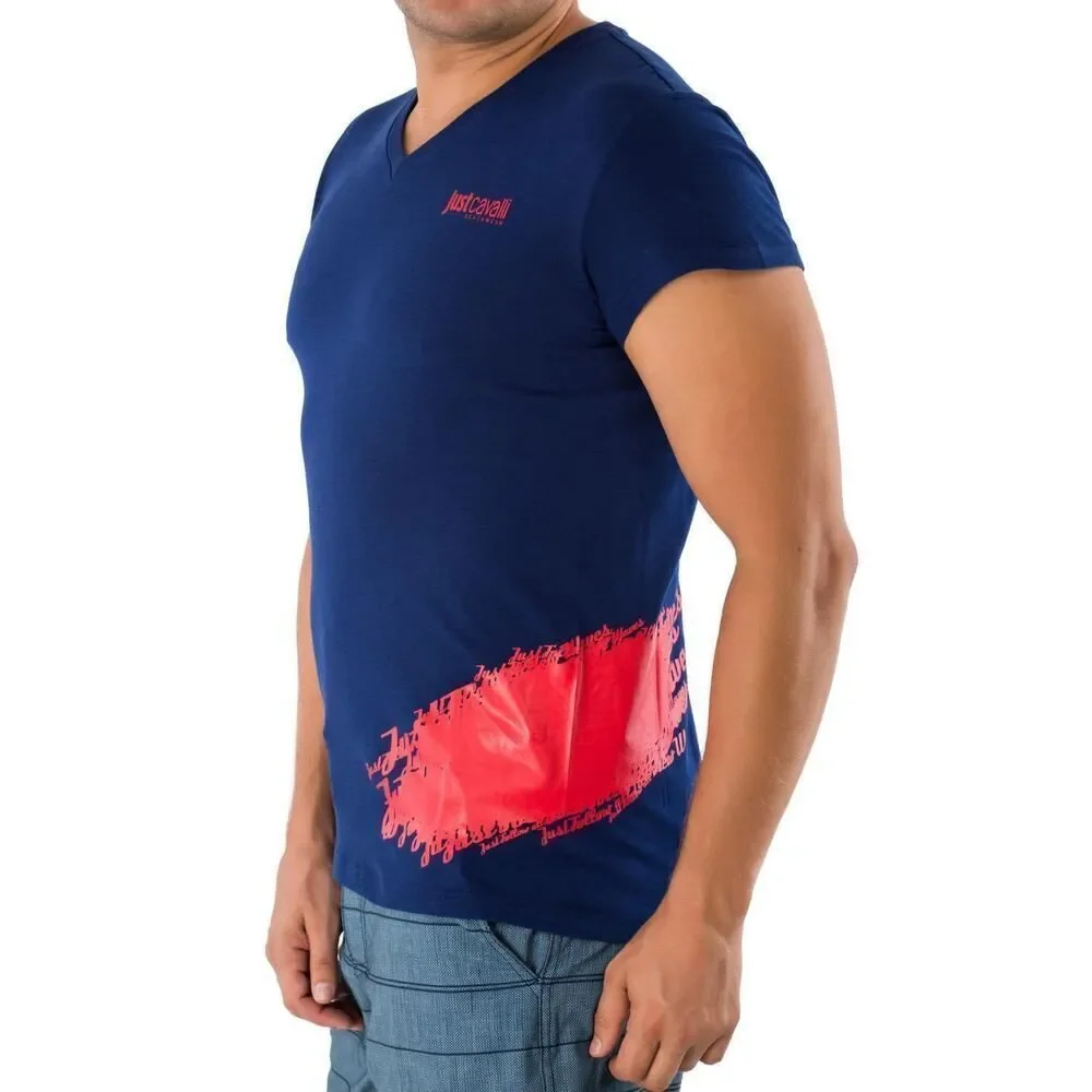 New Just Cavalli Men XS / 46 Navy Blue T-Shirt Red Print V-Neck Top Cotton - Picture 3 of 5